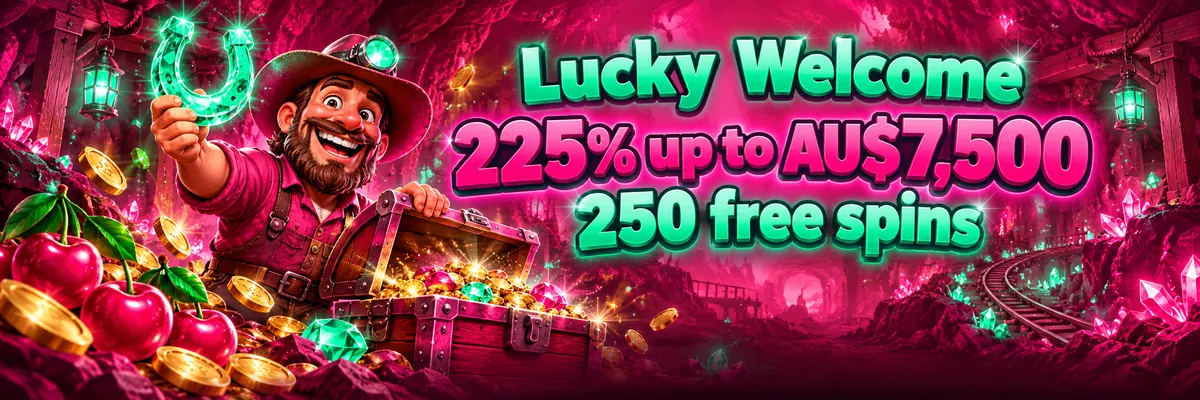 A cheerful 3D cartoon miner beside a giant glowing horseshoe, cherries and jackpot treasure in a pink and green rocky casino cavern.
